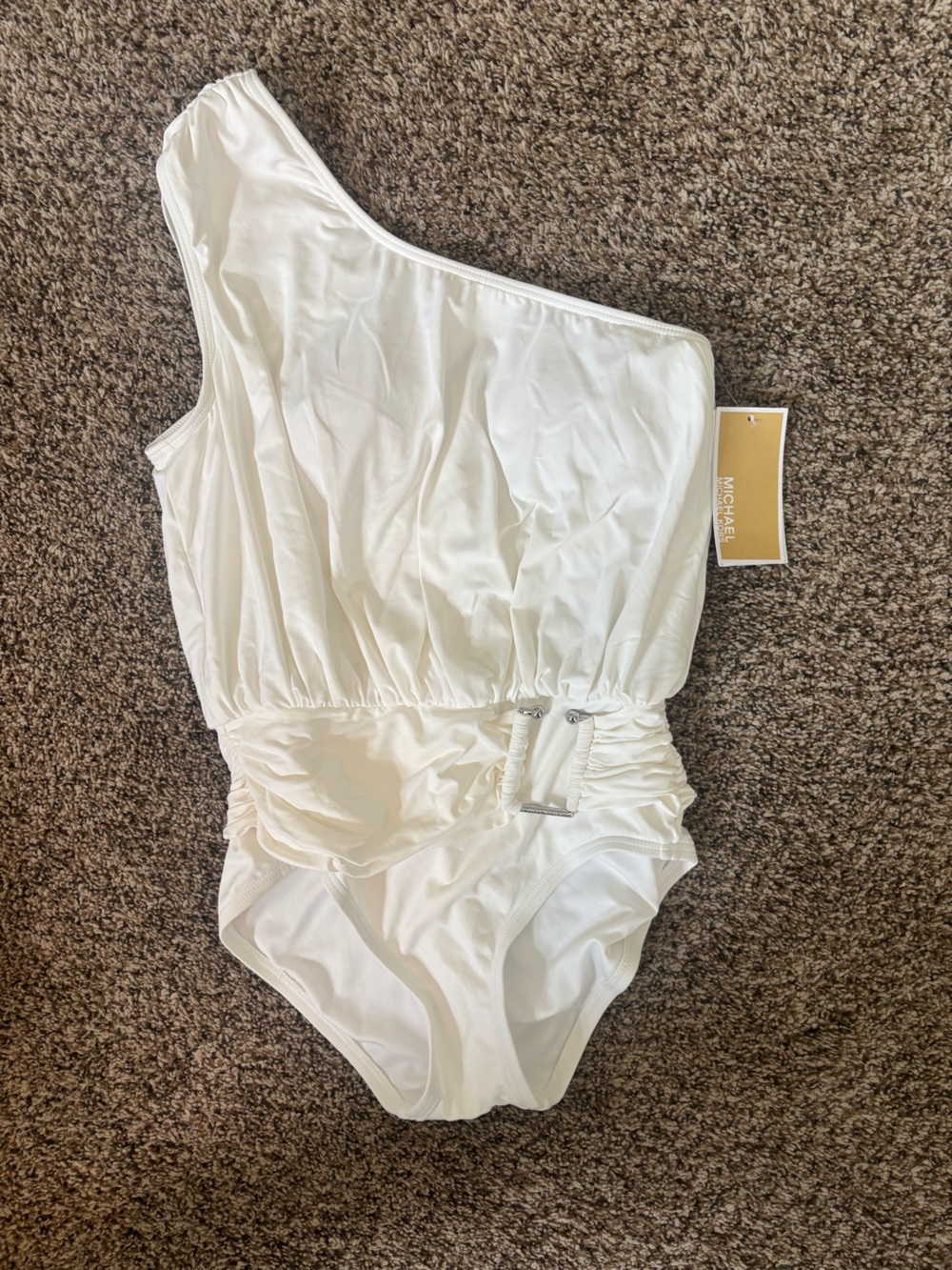 NWT Michael Kors White Ruched One Shoulder One-Piece Swimsuit